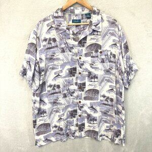 Caribbean Joe Mens XXL Short Sleeve Button Up Shirt Rayon Fishing Island Purple